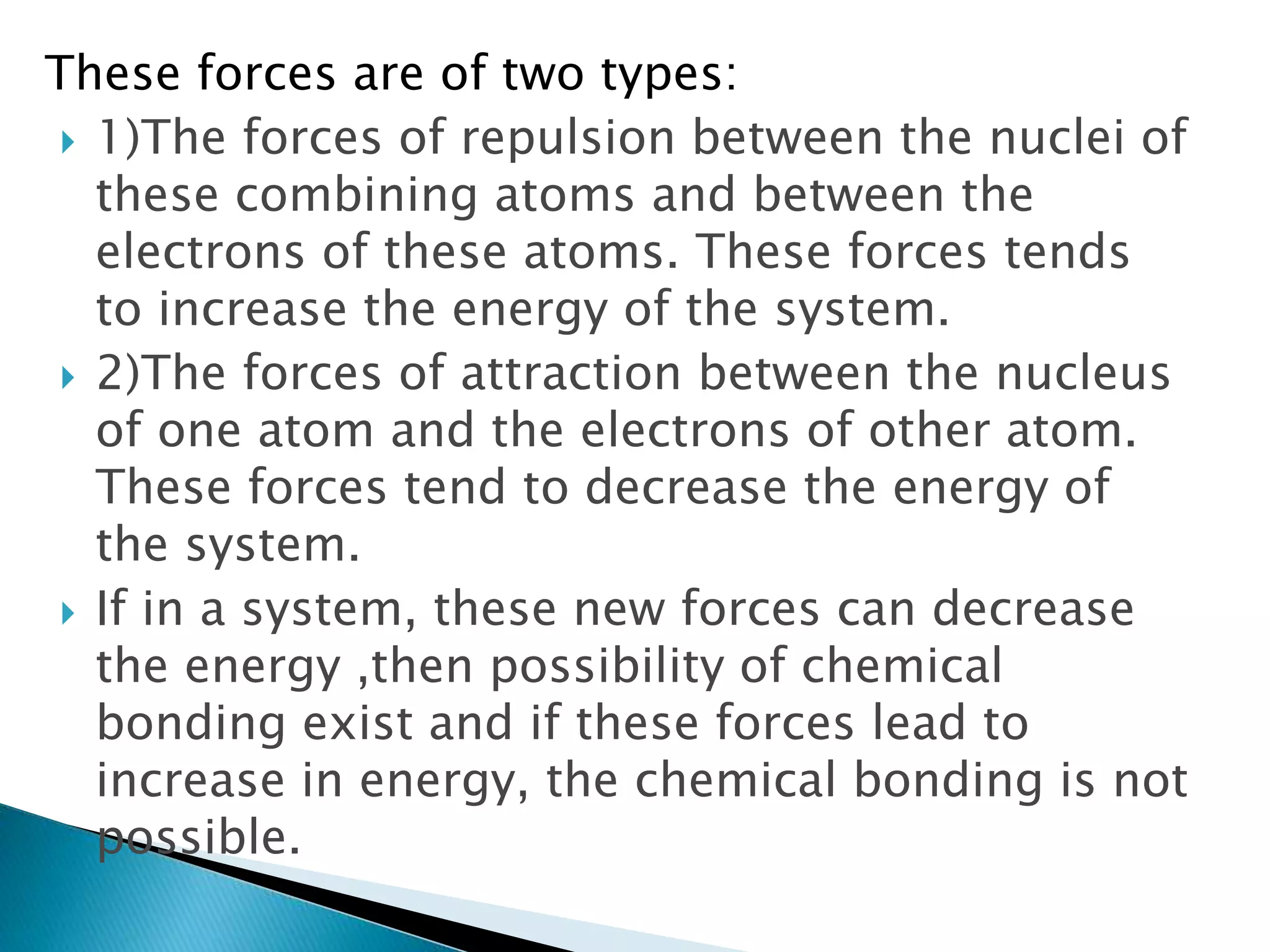 These forces are of two types:
 1)The forces of repulsion between the nuclei of
these combining atoms and between the
electrons of these atoms. These forces tends
to increase the energy of the system.
 2)The forces of attraction between the nucleus
of one atom and the electrons of other atom.
These forces tend to decrease the energy of
the system.
 If in a system, these new forces can decrease
the energy ,then possibility of chemical
bonding exist and if these forces lead to
increase in energy, the chemical bonding is not
possible.
 