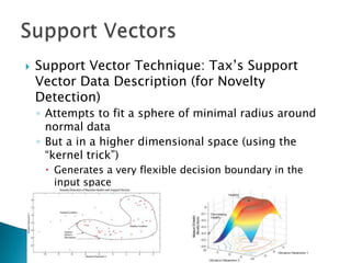    Support Vector Technique: Tax‟s Support
    Vector Data Description (for Novelty
    Detection)
    ◦ Attempts to fit a sphere of minimal radius around
      normal data
    ◦ But a in a higher dimensional space (using the
      “kernel trick”)
      Generates a very flexible decision boundary in the
       input space
 