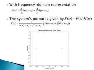    With frequency-domain representation
             A                      A
     F( )      (            0)        (               0   )
             2                      2

   The system‟s output is given by X ( )                                         F ( )H ( )
            1               1                   A                  A
    X( )       2        2
                                            (     (           0)     (   0   ))
            m wn   w0           j 2 wn w0       2                  2
 