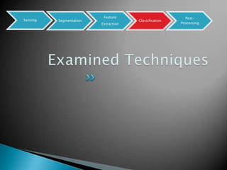 Feature                         Post-
Sensing   Segmentation                Classification
                         Extraction                    Processing
 