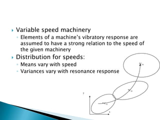    Variable speed machinery
    ◦ Elements of a machine‟s vibratory response are
      assumed to have a strong relation to the speed of
      the given machinery
   Distribution for speeds:
    ◦ Means vary with speed                              *C30


    ◦ Variances vary with resonance response


                                                  *C20
                              y



                                      * C10


                                              x
 