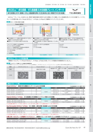 VECELL®
プレートは、生体内に近い環境で細胞培養を実現する多孔質膜とガス（酸素、CO2）透過膜を用いた3次元培養プレートです。
プレートの材質の違いから、Preset VECELL®
、H-Plate、G-Plateの3種類をラインアップしています。
Preset VECELL®
H - Plate G - Plate
VECELL® インサート
多孔質膜
CO2
O2 酸素透過性膜
多孔質膜
CO2
O2
酸素透過性膜
●多孔質膜のメッシュ構造が細胞を柔らかく支持し、
細胞を3次元的な球状で培養
●細胞の上下から培地の栄養分を供給可能
●多孔質膜のメッシュ構造が細胞を柔らかく支持し、
細胞を3次元的な球状で培養
●ガス透過性膜により底面から酸素供給、CO2 排出
が可能
●細胞は自発的に集合し、半円状の凝集塊を形成
●ガス透過性膜により底面から酸素供給、CO2 排出
が可能
Caco-2（ヒト結腸がん由来細胞株）
FLC4（ヒト肝がん由来細胞）
MDCK（イヌ腎臓尿細管上皮細胞由来細胞株）
HepG2（ヒト肝がん由来細胞株）
ラット初代肝細胞
ラットMSC
ヒト歯根膜組織
HepaRG（ヒト肝がん由来細胞株）
HepG2
ラット初代肝細胞
HepaRG
HepG2
ラット初代肝細胞
Webの記事ID : 16941 Webの記事ID : 16942 Webの記事ID : 14784
表1 各プレートの特長と実績のある細胞
VECELL®
プレートの評価試験
3種類のベセルプレート（Preset VECELL®
、H-Plate、G-Plate）を用いてラット肝細胞の形態観察を行いました。
種類 プラスチックプレート Preset VECELL®
G - Plate H - Plate
特徴 ― 細胞が球状で培養
細胞塊ができ、培養とともに凝集
する
細胞塊を形成するが、細胞は球状
に近い
2日目
表2 ベセルプレートで培養したラット肝細胞の形態観察写真
ラット肝細胞をプラスチックプレートおよび各ベセルプレートで2〜5日間培養した。それぞれのベセルプレートでプラスチックプレートとは明らかに異なる特徴的な形態を示した。
VECELL®
多孔質膜／ガス透過膜3次元培養プレート、インサート
多孔質膜とガス（酸素、CO2）透過膜を用いた生体内に近い環境での3D培養
商品リスト（一例）
Preset VECELL®
　底部が多孔質膜のインサートによる3次元培養
品名 well数 Webの記事ID 品番 包装 希望販売価格 貯蔵
Preset VECELL®
12/24well（1） 24
16941
PSVC12-1 1 plate ¥8,000 室
Preset VECELL®
12/24well（10） 24 PSVC12-10 1 box（10 plates） ¥80,000 室
Preset VECELL®
30/6well（1） 6 PSVC30-1 1 plate ¥8,000 室
Preset VECELL®
30/6well（10） 6 PSVC30-10 1 box（10 plates） ¥80,000 室
Hybrid VECELL®
H-Plate　ガス透過膜と多孔質膜のハイブリッド膜の3次元培養
品名 well数 Webの記事ID 品番 包装 希望販売価格 貯蔵
VECELL®
96 Well H-Plate BK（1） 96
16942
V96WHPB-1 1 plate ¥4,500 室
VECELL®
96 Well H-Plate BK（10） 96 V96WHPB-10 1 box（10 plates） ¥40,000 室
※上記品番は黒色プレートですが、白色プレートもございます。品番については商品Webページをご参照下さい。
Gas Permeable VECELL®
G-Plate　ガス（酸素・二酸化炭素）透過膜による3次元培養
品名 well数 Webの記事ID 品番 包装 希望販売価格 貯蔵
VECELL®
384 Well G-Plate BK（10） 384
14784
V384WGPB-10 1 box（10 plates） ¥100,000 室
VECELL®
96 Well G-Plate BK（1） 96 V96WGPB-1 1 plate ¥4,500 室
VECELL®
96 Well G-Plate BK（10） 96 V96WGPB-10 1 box（10 plates） ¥40,000 室
※上記品番は黒色プレートですが、白色プレートもございます。品番については商品Webページをご参照下さい。
お買い得!ベセルプレート評価用トライアルセット　3種類のプレートが1枚ずつ入った評価用トライアルセット
品名 well数 Webの記事ID 品番 包装 希望販売価格 貯蔵
VECELL®
24well Plate Trial Set（BK） 24
16942
PHG24WB-3 3×1 plate ¥13,000 室
VECELL®
6well Plate Trial Set（BK） 6 PHG6WB-3 3×1 plate ¥13,000 室
ベセル株式会社【メーカー略号：VCL】
ベセル株式会社【メーカー略号：VCL】
ベセル株式会社【メーカー略号：VCL】
ベセル株式会社【メーカー略号：VCL】
分
子
生
物
シ
グ
ナ
ル
伝
達
抗
体
ア
ッ
セ
イ
細
胞
培
養
／
細
胞
工
学
糖
受
託
サ
ー
ビ
ス
［
特
集
］
幹
細
胞
研
究
17Cosmo Bio News No.127お問い合わせ先：TEL/03-5632-9610　FAX/03-5632-9619　E-mail/mail@cosmobio.co.jp
室 室温保存　冷 4℃保存　凍 −20℃保存　凍 −70℃保存　液窒 液体窒素 −196℃保存
 