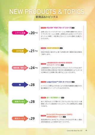 19Cosmo Bio News No.127
NEW PRODUCTS  TOPICS
新商品トピックス
シグナル伝達 P.20〜
注目商品 Flex ISH®
FISH プローブ シリーズ P.20
必要に応じてハイブリダイゼーション時間を調整でき、1日（ハ
イブリダイゼーション時間 : 2時間）または2日（ハイブリダイ
ゼーション時間 : 一晩）間のプロトコールから柔軟にお選びい
ただけます。
分子生物 P.21〜
注目商品 核酸蛍光標識試薬 P.23
DNAやRNAに結合する、様々な特長を持つ複数の蛍光試薬を
ご紹介します。
細胞培養／細胞工学 P.24〜
注目商品
γ線滅菌処理済み液体輸送・保管容器
ステリテナープラス P.25
γ線滅菌済みで、20 ℓ以下のシングルユースバッグではじめて
3D形状を実現。本体のみで自立する高強度設計により、かくは
ん作業をガラス容器に移し替えることなく行えます。
糖 P.28
注目商品 LudgerClean™ CEX カートリッジ P.28
ヒドラジン分解などの方法によりO-結合型糖鎖を遊離させた
後の糖鎖のクリーンアップにおすすめです。
抗体アッセイ P.28
注目商品 金ナノ粒子標識キット P.28
金ナノ粒子をタンパク質やオリゴヌクレオチドなどチオール基
修飾リガンドに高効率かつワンステップ（1.5時間以内）に標識
できます。
受託サービス P.29
注目商品
PI(3,4,5)P3 Phosphatase (SHIP2)
活性測定受託サービス P.29
免疫沈降された SHIP2 サンプルの 5’ PI(3,4,5)P3 脱リン酸化
活性を競合法により測定するサービスです。
 