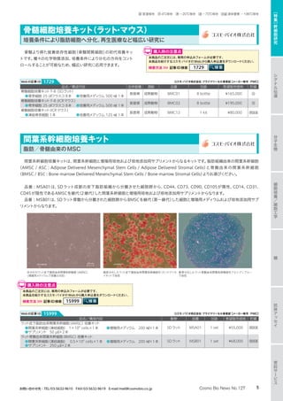 骨髄より得た接着依存性細胞（骨髄間質細胞）の初代培養キッ
トです。種々の化学物質添加、培養条件により分化の方向をコント
ロールすることが可能なため、幅広い研究に応用できます。
本商品のご注文には、専用の申込みフォームが必要です。
本商品を紹介するコスモ・バイオのWebから購入申込書をダウンロードください。
検索方法 記事ID検索 1729
購入時の注意点
間葉系幹細胞培養キットは、間葉系幹細胞と増殖用培地および培地添加用サプリメントからなるキットです。脂肪組織由来の間葉系幹細胞
（AMSC / ASC : Adipose Delivered Mesenchymal Stem Cells / Adipose Delivered Stromal Cells）と骨髄由来の間葉系幹細胞
（BMSC / BSC : Bone-marrow Delivered Mesenchymal Stem Cells / Bone-marrow Stromal Cells）よりお選びください。
品番 : MSA01は、SDラット成獣の皮下脂肪組織から分離させた細胞群から、CD44、CD73、CD90、CD105が陽性、CD14、CD31、
CD45が陰性であるAMSCを継代（2継代）した間葉系幹細胞と増殖用培地および培地添加用サプリメントからなります。
品番 : MSB01は、SDラット骨髄から分離された細胞群からBMSCを継代（第一継代）した細胞と増殖用メディウムおよび培地添加用サプ
リメントからなります。
未分化のラット皮下脂肪由来間葉系幹細胞（AMSC）
（増殖用メディウムで培養5日目）
脂肪分化したラット皮下脂肪由来間葉系幹細胞をリピッドアッセ
イキットで染色
軟骨分化したラット骨髄由来間葉系幹細胞をアルシアンブルー
で染色
本商品のご注文には、専用の申込みフォームが必要です。
本商品を紹介するコスモ・バイオのWebから購入申込書をダウンロードください。
検索方法 記事ID検索 15999
購入時の注意点
品名／構成内容 由来組織 週齢 品番 包装 希望販売価格 貯蔵
骨髄細胞培養キット F-8（SDラット）
●骨芽細胞 25 ㎠フラスコ 8本	 ●培養用メディウム 500 ㎖ 1本
長管骨 成熟動物 BMC01 8 bottle ¥165,000 冷
骨髄細胞培養キット F-8 (ICRマウス)
●骨芽細胞 25 ㎠フラスコ 8本	 ●培養用メディウム 500 ㎖ 1本
長管骨 成熟動物 BMC02 8 bottle ¥195,000 冷
骨髄細胞培養キット(ICRマウス)
●凍結骨芽細胞 1本	 ●培養用メディウム 125 ㎖ 1本
長管骨 成熟動物 BMC12 1 kit ¥80,000 凍 液窒
品名／構成内容 動物 品番 包装 希望販売価格 貯蔵
ラット皮下脂肪由来間葉系幹細胞（AMSC）培養キット
●間葉系幹細胞（凍結細胞）　1×106
cells×1本	 ●増殖用メディウム　200 ㎖×1本
●サプリメント　50 µℓ×2本
SDラット MSA01 1 set ¥55,000 凍 液窒
ラット骨髄由来間葉系幹細胞（BMSC）培養キット
●間葉系幹細胞（凍結細胞）　 0.5×106
cells×1本	 ●増殖用メディウム　200 ㎖×1本
●サプリメント　250 µℓ×2本
SDラット MSB01 1 set ¥68,000 凍 液窒
骨髄細胞培養キット（ラット・マウス）
培養条件により脂肪細胞へ分化。再生医療など幅広い研究に
間葉系幹細胞培養キット
脂肪／骨髄由来のMSC
コスモ・バイオ株式会社 プライマリーセル事業部【メーカー略号：PMC】Webの記事ID 1729
コスモ・バイオ株式会社 プライマリーセル事業部【メーカー略号：PMC】Webの記事ID 15999
分
子
生
物
シ
グ
ナ
ル
伝
達
抗
体
ア
ッ
セ
イ
細
胞
培
養
／
細
胞
工
学
糖
受
託
サ
ー
ビ
ス
［
特
集
］
幹
細
胞
研
究
5Cosmo Bio News No.127お問い合わせ先：TEL/03-5632-9610　FAX/03-5632-9619　E-mail/mail@cosmobio.co.jp
室 室温保存　冷 4℃保存　凍 −20℃保存　凍 −70℃保存　液窒 液体窒素 −196℃保存
 