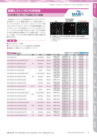 9Cosmo Bio News No.167お問い合わせ先　TEL：03-5632-9610　FAX：03-5632-9619　E-mail：mail@cosmobio.co.jp
室 冷 凍 凍 液窒室温保存 4℃保存 −20℃保存 −70℃保存 液体窒素−196℃保存 特
集
ク
ロ
マ
チ
ン
NEWPRODUCTS
TOPICS
細
胞
培
養
シ
グ
ナ
ル
伝
達
ウ
イ
ル
ス
ゲ
ノ
ム
編
集
核
酸
抽
出
免
疫
組
織
染
色
電
気
泳
動
株式会社モノクローナル抗体研究所では、ChIP（クロマチン
免疫沈降）アッセイに最適な修飾ヒストン抗体を多数ライン
アップしております。ヌクレオソームのヒストンタンパク質
（H2A, H2B, H3, H4）は、クロマチンの主要な構成要素になっ
ています。ヒストンのN末端はヒストンテールとよばれヌクレ
オソームコアから少し離れて存在しています。このN末端の部
分で様々な修飾を受け細胞のシグナル刺激に応答し、アセチル
化、リン酸化、メチル化など様々な修飾を受け遺伝子発現に影
響を与えます。
特　長
●	全てChIPグレード抗体
●	ウェスタンブロッティング、免疫染色にも使用可能
●	豊富なヒト修飾ヒストンH3抗体ラインアップ
修飾ヒストンH3/H2B抗体
ChIP用モノクローナル抗ヒストン抗体
Web検索 記事ID 5680  株式会社モノクローナル抗体研究所 メーカー略号 MCA
品名 残基 修飾 免疫動物 クローン番号 品番 包装 希望販売価格 貯蔵
Anti Histone H3 ― unmodified Mouse
MABI 0301
（CMA301）
MABI0001-20 20 µL ¥18,000 凍
MABI0001-100 100 µL ¥58,000 凍
Anti Histone H3, monomethyl（Lys4）
K4
monomethyl Mouse
MABI 0302
（CMA302）
MABI0002-20 20 µL ¥18,000 凍
MABI0002-100 100 µL ¥58,000 凍
Anti Histone H3, dimethyl（Lys4） dimethyl Mouse
MABI 0303
（CMA303）
MABI0003-20 20 µL ¥18,000 凍
MABI0003-100 100 µL ¥58,000 凍
Anti Histone H3, trimethyl（Lys4） trimethyl Mouse
MABI 0304
（CMA304）
MABI0004-20 20 µL ¥18,000 凍
MABI0004-100 100 µL ¥58,000 凍
Anti Histone H3, acetyl（Lys9）
K9
acetyl Mouse
MABI 0305
（CMA305）
MABI0005-20 20 µL ¥18,000 凍
MABI0005-100 100 µL ¥58,000 凍
Anti Histone H3, monomethyl（Lys9） monomethyl Mouse
MABI 0306
（CMA306）
MABI0006-20 20 µL ¥18,000 凍
MABI0006-100 100 µL ¥58,000 凍
Anti Histone H3, dimethyl（Lys9） dimethyl Mouse
MABI 0307
（CMA307）
MABI0007-20 20 µL ¥18,000 凍
MABI0007-100 100 µL ¥58,000 凍
Anti Histone H3, dimethyl（Lys9） dimethyl Mouse MABI 0317
MABI0317-20 20 µL ¥18,000 凍
MABI0317-100 100 µL ¥58,000 凍
Anti Histone H3, trimethyl（Lys9） trimethyl Mouse
MABI 0308
（CMA308）
MABI0008-20 20 µL ¥18,000 凍
MABI0008-100 100 µL ¥58,000 凍
Anti Histone H3, acetyl（Lys9/27） K9/27 acetyl Mouse
MABI 0310
（CMA310）
MABI0010-20 20 µL ¥18,000 凍
MABI0010-100 100 µL ¥58,000 凍
Anti Histone H3, acetyl（Lys27）
K27
acetyl Mouse
MABI 0309
（CMA309）
MABI0009-20 20 µL ¥18,000 凍
MABI0009-100 100 µL ¥58,000 凍
Anti Histone H3, monomethyl（Lys27） monomethyl Mouse MABI 0321
MABI0321-20 20 µL ¥18,000 凍
MABI0321-100 100 µL ¥58,000 凍
Anti Histone H3, dimethyl（Lys27） dimethyl Mouse MABI 0324
MABI0324-20 20 µL ¥18,000 凍
MABI0324-100 100 µL ¥58,000 凍
Anti Histone H3, trimethyl（Lys27） trimethyl Mouse MABI 0323
MABI0323-20 20 µL ¥18,000 凍
MABI0323-100 100 µL ¥58,000 凍
Anti Histone H3, monomethyl（Lys36）
K36
monomethyl Mouse MABI 0331
MABI0331-20 20 µL ¥18,000 凍
MABI0331-100 100 µL ¥58,000 凍
Anti Histone H3, dimethyl（Lys36） dimethyl Mouse MABI 0332
MABI0332-20 20 µL ¥18,000 凍
MABI0332-100 100 µL ¥58,000 凍
Anti Histone H3, trimethyl（Lys36） trimethyl Mouse MABI 0333
MABI0333-20 20 µL ¥18,000 凍
MABI0333-100 100 µL ¥58,000 凍
Anti Histone H3, phospho（Ser10） S10 phospho Mouse
MABI 0312
（CMA312）
MABI0012-20 20 µL ¥18,000 凍
MABI0012-100 100 µL ¥58,000 凍
Anti Histone H2B, phospho（Ser14） S14 phospho Mouse MABI 0251
MABI0251-20 20 µL ¥18,000 凍
MABI0251-100 100 µL ¥58,000 凍
図　リン酸化ヒストンH3（Ser10）抗体（品番：MABI0312）を用いた免疫染色
A：DAPI による核染色。
B：リン酸化ヒストンH3（Ser10）抗体（品番：MABI0312）による染色。M期の細胞の染色体の
みが染色されている。
C：AとBの合成。
 
