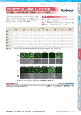25Cosmo Bio News No.167お問い合わせ先　TEL：03-5632-9610　FAX：03-5632-9619　E-mail：mail@cosmobio.co.jp
室 冷 凍 凍 液窒室温保存 4℃保存 −20℃保存 −70℃保存 液体窒素−196℃保存 特
集
ク
ロ
マ
チ
ン
NEWPRODUCTS
TOPICS
細
胞
培
養
シ
グ
ナ
ル
伝
達
ウ
イ
ル
ス
ゲ
ノ
ム
編
集
核
酸
抽
出
免
疫
組
織
染
色
電
気
泳
動
特　長
●	セロタイプ1、2、3、4、5、6、7、8、9、10、DJ、DJ/8の各
アデノ随伴ウイルス粒子のセット
●	各セロタイプのアデノ随伴ウイルス粒子はGFP遺伝子を含む
●	5×1011
～5×1012
GC/mL, 25 µLストック液
アデノ随伴ウイルス セロタイプテストPlus
標的細胞への感染効率を確認！最適なセロタイプの選択に
AAVPrime™ AAV Serotype Testing Kit Plusは、12種類
のセロタイプのアデノ随伴ウイルスのセットです。各セロタイ
プのアデノ随伴ウイルスはGFP遺伝子を持ち、標的細胞への
感染に最適なセロタイプをご検討いただけます。
Web検索 記事ID 36035  GeneCopoeia, Inc. メーカー略号 GCP
品名 品番 包装 希望販売価格 貯蔵
AAVPrime™ AAV Serotype Testing Kit Plus AA321 1 kit（12×25 µL） ¥321,000 凍
図　各種セロタイプのアデノ随伴ウイルス（AAV-GFP）をHT1080細胞に感染させた際のGFP観察
組織
Serotype 網膜 神経 脳 肺 心臓 肝臓 筋肉 膵臓
AAV-1 ○ ○
AAV-2 ○ ○ ○ ○ ○
AAV-3 ○ ○ ○ ○
AAV-4 ○ ○ ○ ○
AAV-5 ○ ○ ○
AAV-6 ○ ○ ○ ○
AAV-7 ○ ○ ○ ○ ○
AAV-8 ○ ○ ○ ○
AAV-9 ○ ○ ○ ○ ○
AAV-10 ○ ○ ○ ○
AAV-DJ A mixture of 8 naturally-occurring serotypes. Efficiently transduces a wide variety of cell types in vitro.
AAV-DJ/8 A variant of AAV-DJ with a mutation that permits infection of liver as well as other tissues in vivo.
 
