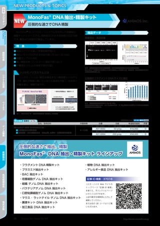 Cosmo Bio News No.167 https://www.cosmobio.co.jp28
NEW PRODUCTS  TOPICS特
集
ク
ロ
マ
チ
ン
NEWPRODUCTS
TOPICS
細
胞
培
養
シ
グ
ナ
ル
伝
達
ウ
イ
ル
ス
ゲ
ノ
ム
編
集
核
酸
抽
出
免
疫
組
織
染
色
電
気
泳
動
MonoFas®
は、シリカモノリスカラムを利用した核酸抽出・
精製キットシリーズです。高純度のDNAを短時間で回収可能
です。製品は日本国内で製造しています。
Web検索 記事ID 36786  株式会社アニモス メーカー略号 ANM
品名／使用目的 所要時間 品番 包装 希望販売価格 貯蔵
MonoFas®
DNA Purification Kit I
●フラグメントDNA抽出
●対応試料：PCR産物のクリーンアップ、アガロースゲルからの抽出
5～10分
A01-0001 25 prep. ¥13,500 室
A01-0002 50 prep. ¥16,000 室
A01-0003 100 prep. ¥28,000 室
A01-0004 250 prep. ¥58,000 室
特　長
●	精製スピードが速い（所要時間が短い）
●	幅広いサイズのDNAを回収可能（35 bp～35 kbp）
●	微量サンプルに対応
●	高い精製効率（フィルターに溶液が残らない）
●	少量溶出（10 µLの溶液で溶出可能）
商品データ
シリカモノリスカラムとは
シリカモノリスは、網目状構造をもつ高純度シリカゲル
です。細孔が無数に開いているため通液性が高く、効率良く
核酸を抽出・精製可能です。
図1　MonoFas®
と一般的な核酸抽出・精製キットの比較
NEW
MonoFas®
DNA抽出・精製キット
圧倒的な速さでDNA精製
微量溶出・高回収量
図2　溶出量の違いによる電気泳動、および分光光度計による回収率の比較
MonoFas®
と各社のフラグメントDNA精製キットを使用して、精製効率、溶出量の違いにより
回収率の比較を行った。
広範囲のフラグメントDNAサイズに適応
図3　対応可能なサイズは35 bp-35 kbp
核酸の保持能力が強いため、100 bp以下または、10 kbp以上のフラグメントDNAでも簡単な
遠心処理のみで精製可能。
 