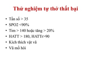 Thử nghiệm tự thở thất bại
• Tần số > 35
• SPO2 <90%
• Tim > 140 hoặc tăng > 20%
• HATT > 180, HATTr>90
• Kích thích vật vã
• Vã mồ hôi
 