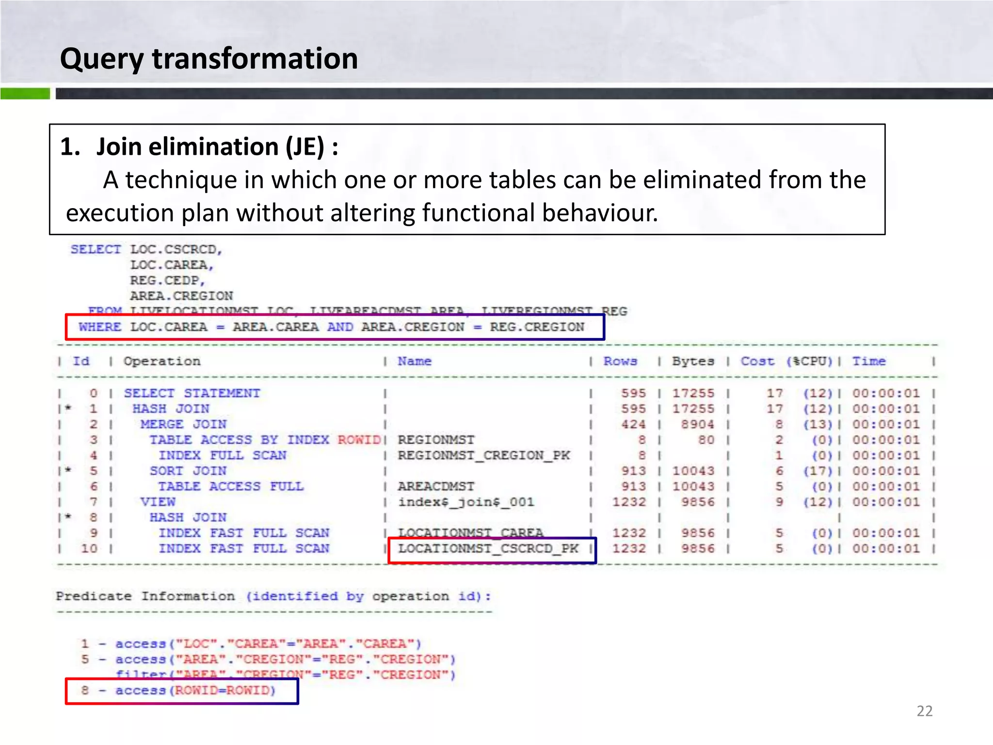 Query transformation 1. Join elimination (JE) : A technique in which one or more tables can be eliminated from the execution plan without altering functional behaviour. 22 