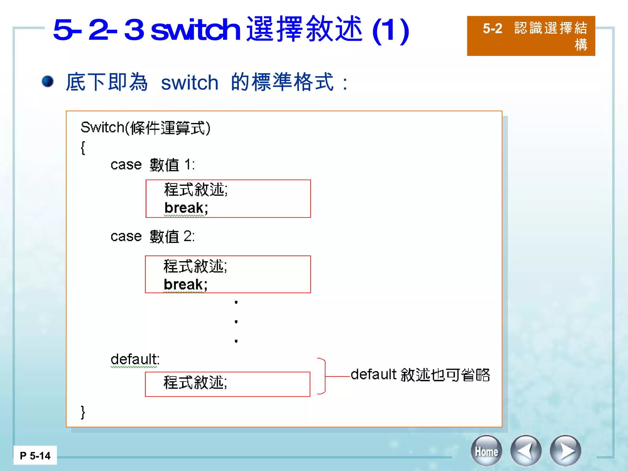 5-2-3 switch 選擇敘述 (1) 5-2  認識選擇結構 P 5-14 底下即為  switch  的標準格式： 