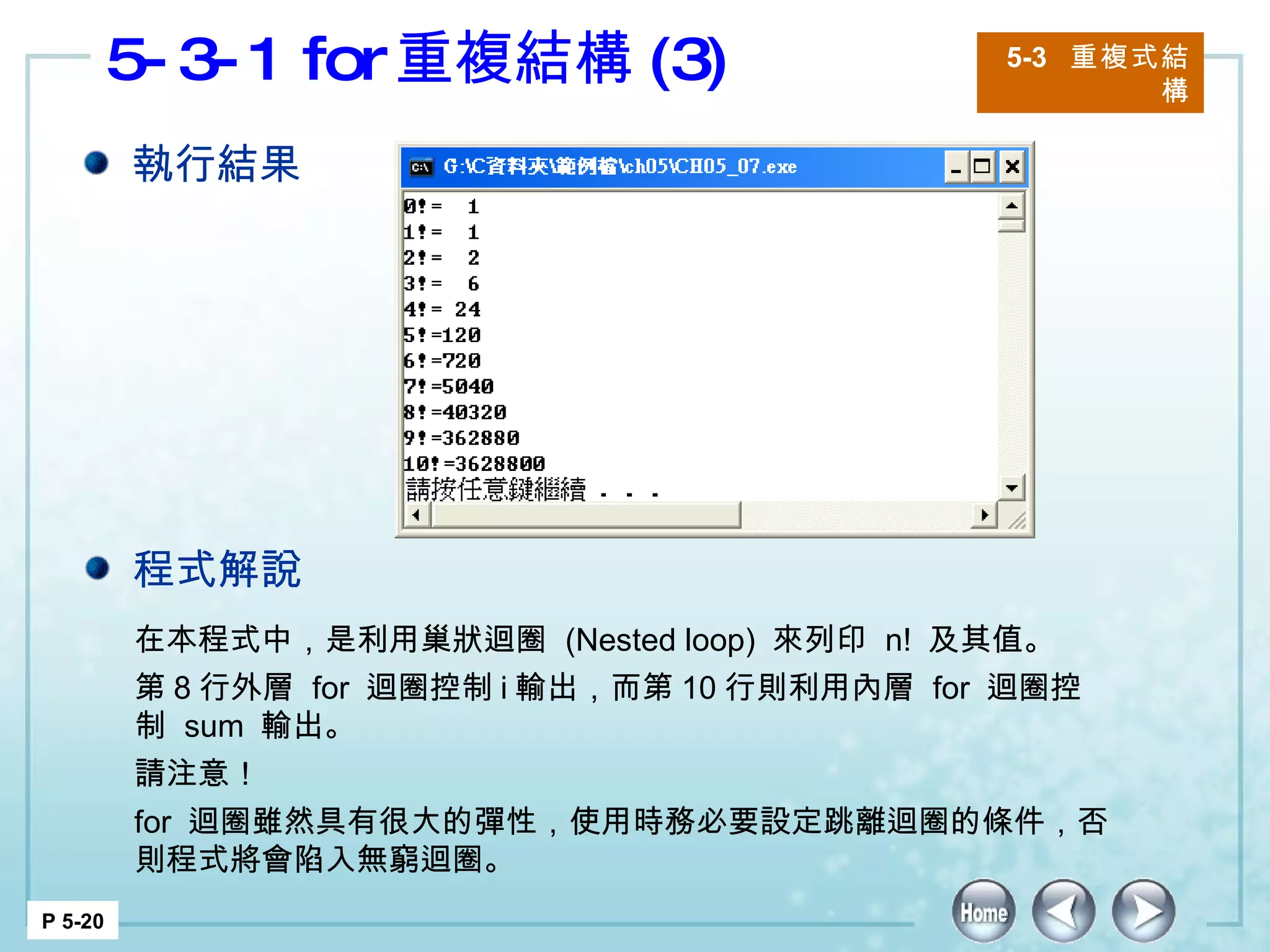 5-3-1 for 重複結構 (3) 5-3  重複式結構 P 5-20 在本程式中，是利用巢狀迴圈  (Nested loop)  來列印  n!  及其值。 第 8 行外層  for  迴圈控制 i 輸出，而第 10 行則利用內層  for  迴圈控制  sum  輸出。 請注意！ for  迴圈雖然具有很大的彈性，使用時務必要設定跳離迴圈的條件，否則程式將會陷入無窮迴圈。  執行結果 程式解說 