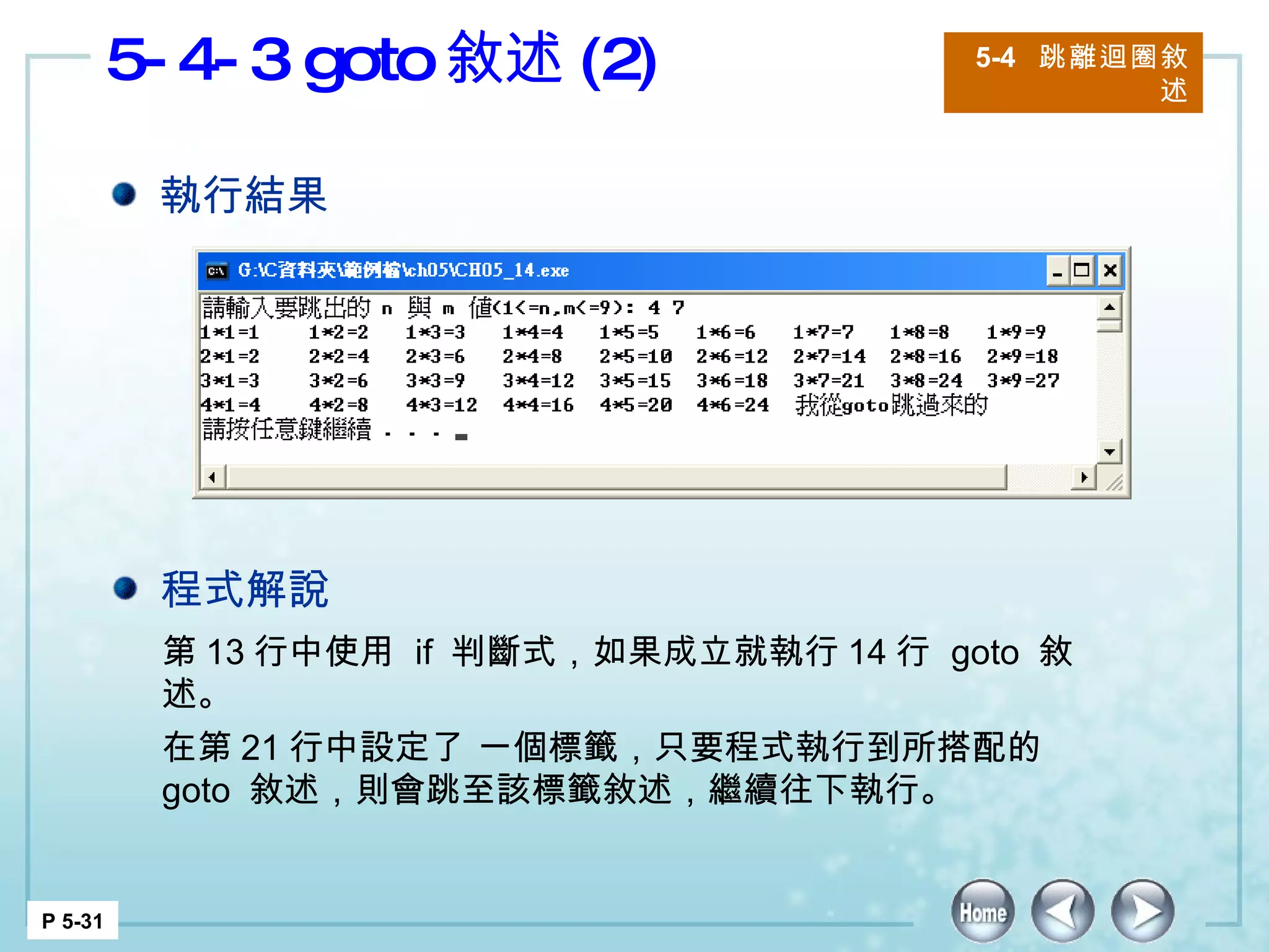 5-4-3 goto 敘述 (2) 5-4  跳離迴圈敘述 P 5-31 第 13 行中使用  if  判斷式，如果成立就執行 14 行  goto  敘述。 在第 21 行中設定了 一個標籤，只要程式執行到所搭配的  goto  敘述，則會跳至該標籤敘述，繼續往下執行。  執行結果 程式解說 