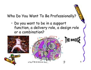 Who Do You Want To Be Professionally?
  ? Do you want to be in a support
    function, a delivery role, a design role
    or a combination?




                                               5
 