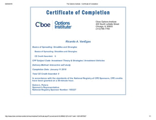 02/04/2018 The Options Institute - Certificate of Completion
http://www.cboe.com/learncenter/onlineu/modules/Certificate.aspx?CourseUserId=0c36fb92-521b-4b17-a4e1-1db7c9570527 1/1
Cboe Options Institute
400 South LaSalle Street
Chicago, IL 60605
(312)786-7760
Ricardo A. VanEgas
Basics of Spreading: Straddles and Strangles
Basics of Spreading: Straddles and Strangles
CE Credit Awarded: 0
CFP Subject Code: Investment Theory & Strategies / Investment Vehicles
Delivery Method: Interactive self-study
Completion Date: January 11 2018
Total CE Credit Awarded: 0
In accordance with the standards of the National Registry of CPE Sponsors, CPE credits
have been granted on a 50-minute hour.
Debra L. Peters
Sponsor's Representative
National Registry Sponsor Number: 105327
 