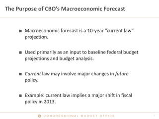 The Purpose of CBO’s Macroeconomic Forecast


    ■ Macroeconomic forecast is a 10-year “current law”
      projection.

    ■ Used primarily as an input to baseline federal budget
      projections and budget analysis.

    ■ Current law may involve major changes in future
      policy.

    ■ Example: current law implies a major shift in fiscal
      policy in 2013.

               CONGRESSIONAL BUDGET OFFICE
 
