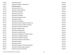 3185-05

Desenhista calculista

Sinônimo

3185-10

Desenhista calculista na construção civil

Sinônimo

3180-10

Desenhista copista

Ocupação

3180-10

Desenhista copista (cad)

Sinônimo

3181-05

Desenhista copista (arquitetura)

Sinônimo

3181-05

Desenhista de arquitetura

Sinônimo

3182-05

Desenhista de carrocerias

Sinônimo

3181-10

Desenhista de cartografia

Sinônimo

3184-10

Desenhista de desenho animado

Sinônimo

2624-10

Desenhista de editorial

Sinônimo

3184-30

Desenhista de embalagens

Sinônimo

3181-15

Desenhista de estrutura metálica (construção civil)

Sinônimo

3182-05

Desenhista de estruturas metálicas (mecânica)

Sinônimo

3182-05

Desenhista de ferramentas (mecânica)

Sinônimo

3184-10

Desenhista de filatelia (selos)

Sinônimo

3184-20

Desenhista de fotoestamparia

Sinônimo

2624-10

Desenhista de identidade visual

Sinônimo

3181-20

Desenhista de instalações de combate a incêndio

Sinônimo

3181-20

Desenhista de instalações hidráulicas

Sinônimo

3182-05

Desenhista de instalações mecânicas

Sinônimo

3183-05

Desenhista de leiaute de circuito impresso

Sinônimo

3184-30

Desenhista de leiautes

Sinônimo

3184-25

Desenhista de móveis

Sinônimo

2624-10

Desenhista de páginas da internet (web designer)

Sinônimo

2624-20

Desenhista de produto (artigos esportivos)

Sinônimo

2624-20

Desenhista de produto (brinquedos)

Sinônimo

CBO2002 - Classificação Brasileira de Ocupações

107

 
