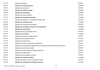 4213-10

Operador de cobrança

Sinônimo

4132-30

Operador de cobrança bancária

Ocupação

7232-15

Operador de cobreamento

Sinônimo

6420-05

Operador de colhedor florestal

Ocupação

6410-05

Operador de colheitadeira

Ocupação

7121-10

Operador de coluna de flotação

Sinônimo

7151-10

Operador de compactadora de solos

Ocupação

7113-15

Operador de compressor - na extração de petróleo e gás

Sinônimo

8621-30

Operador de compressor de ar

Ocupação

8625-05

Operador de compressor de refrigeração

Sinônimo

3172-05

Operador de computador (inclusive microcomputador)

Ocupação

8111-20

Operador de concentração

Ocupação

7121-30

Operador de cone de separação (minas)

Sinônimo

7612-25

Operador de conicaleira

Ocupação

8421-10

Operador de conjunto de secador de fumo

Sinônimo

8212-45

Operador de conservação de canais

Sinônimo

3731-05

Operador de console (rádio)

Sinônimo

8116-35

Operador de controle de produção de carboquímico

Sinônimo

3732-05

Operador de controle geral de equipamentos na produção para televisão e produtora de vídeo

Sinônimo

3731-10

Operador de controle mestre (rádio)

Sinônimo

3732-10

Operador de controle mestre na exibição de televisão

Sinônimo

8116-35

Operador de controle térmico

Sinônimo

7663-20

Operador de corta-riscadeira de papel

Sinônimo

8321-10

Operador de cortadeira de papel

Ocupação

8413-10

Operador de cozedor a vácuo na refinação de açúcar

Sinônimo

8413-05

Operador de cristalização na refinação de açucar

Ocupação

CBO2002 - Classificação Brasileira de Ocupações

253

 