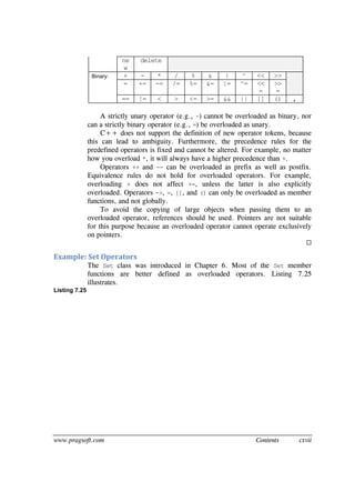 www.pragsoft.com Contents cxvii
ne
w
delete
Binary: + - * / % & | ^ << >>
= += -= /= %= &= |= ^= <<
=
>>
=
== != < > <= >= && || [] () ,
A strictly unary operator (e.g., ~) cannot be overloaded as binary, nor
can a strictly binary operator (e.g., =) be overloaded as unary.
C++ does not support the definition of new operator tokens, because
this can lead to ambiguity. Furthermore, the precedence rules for the
predefined operators is fixed and cannot be altered. For example, no matter
how you overload *, it will always have a higher precedence than +.
Operators ++ and -- can be overloaded as prefix as well as postfix.
Equivalence rules do not hold for overloaded operators. For example,
overloading + does not affect +=, unless the latter is also explicitly
overloaded. Operators ->, =, [], and () can only be overloaded as member
functions, and not globally.
To avoid the copying of large objects when passing them to an
overloaded operator, references should be used. Pointers are not suitable
for this purpose because an overloaded operator cannot operate exclusively
on pointers.

Example: Set Operators
The Set class was introduced in Chapter 6. Most of the Set member
functions are better defined as overloaded operators. Listing 7.25
illustrates.
Listing 7.25
 
