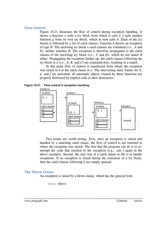 www.pragsoft.com Contents clxxxiv
Flow Control
Figure 10.21 illustrates the flow of control during exception handling. It
shows a function e with a try block from which it calls f; f calls another
function g from its own try block, which in turn calls h. Each of the try
blocks is followed by a list of catch clauses. Function h throws an exception
of type B. The enclosing try block's catch clauses are examined (i.e., A and
E); neither matches B. The exception is therefore propagated to the catch
clauses of the enclosing try block (i.e., C and D), which do not match B
either. Propagating the exception further up, the catch clauses following the
try block in e (i.e., A, B, and C) are examined next, resulting in a match.
At this point flow of control is transferred from where the exception
was raised in h to the catch clause in e. The intervening stack frames for h,
g, and f are unwound: all automatic objects created by these functions are
properly destroyed by implicit calls to their destructors.
Figure 10.21 Flow control in exception handling.
tryblock
catch clauses
A
B
C
tryblock
catch clauses
C
D
tryblock
catch clauses
A
E
function e
function f
function g
function h
f(...);
g(...);
h(...);
throw B
Two points are worth noting. First, once an exception is raised and
handled by a matching catch clause, the flow of control is not returned to
where the exception was raised. The best that the program can do is to re-
attempt the code that resulted in the exception (e.g., call f again in the
above example). Second, the only role of a catch clause in life is to handle
exceptions. If no exception is raised during the execution of a try block,
then the catch clauses following it are simply ignored.
¨
The Throw Clause
An exception is raised by a throw clause, which has the general form
throw object;
 