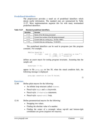 www.pragsoft.com Contents ccxx
Predefined Identifiers
The preprocessor provides a small set of predefined identifiers which
denote useful information. The standard ones are summarized by Table
12.27. Most implementations augment this list with many nonstandard
predefined identifiers.
Table 12.27 Standard predefined identifiers.
Identifier Denotes
__FILE__ Name of the file being processed
__LINE__ Current line number of the file being processed
__DATE__ Current date as a string (e.g., "25 Dec 1995")
__TIME__ Current time as a string (e.g., "12:30:55")
The predefined identifiers can be used in programs just like program
constants. For example,
#define Assert(p) 
if (!(p)) cout << __FILE__ << ": assertion on line " 
<< __LINE__ << " failed.n"
defines an assert macro for testing program invariants. Assuming that the
sample call
Assert(ptr != 0);
appear in file prog.cpp on line 50, when the stated condition fails, the
following message is displayed:
prog.cpp: assertion on line 50 failed.

Exercises
12.60 Define plain macros for the following:
 An infinite loop structure called forever.
 Pascal style begin and end keywords.
 Pascal style if-then-else statements.
 Pascal style repeat-until loop.
12.61 Define parameterized macros for the following:
 Swapping two values.
 Finding the absolute value of a number.
 Finding the center of a rectangle whose top-left and bottom-right
coordinates are given (requires two macros).
 