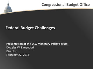Congressional Budget Office




Federal Budget Challenges


Presentation at the U.S. Monetary Policy Forum
Douglas W. Elmendorf
Director
February 22, 2013
 