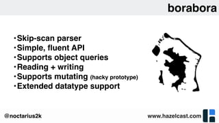 www.hazelcast.com@noctarius2k
borabora
•Skip-scan parser
•Simple, ﬂuent API
•Supports object queries
•Reading + writing
•Supports mutating (hacky prototype)
•Extended datatype support
 