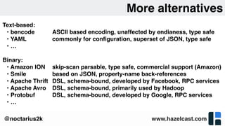 www.hazelcast.com@noctarius2k
More alternatives
Text-based:
• bencode
• YAML
• …
Binary:
• Amazon ION
• Smile
• Apache Thrift
• Apache Avro
• Protobuf
• …
ASCII based encoding, unaffected by endianess, type safe
commonly for conﬁguration, superset of JSON, type safe
skip-scan parsable, type safe, commercial support (Amazon)
based on JSON, property-name back-references
DSL, schema-bound, developed by Facebook, RPC services
DSL, schema-bound, primarily used by Hadoop
DSL, schema-bound, developed by Google, RPC services
 