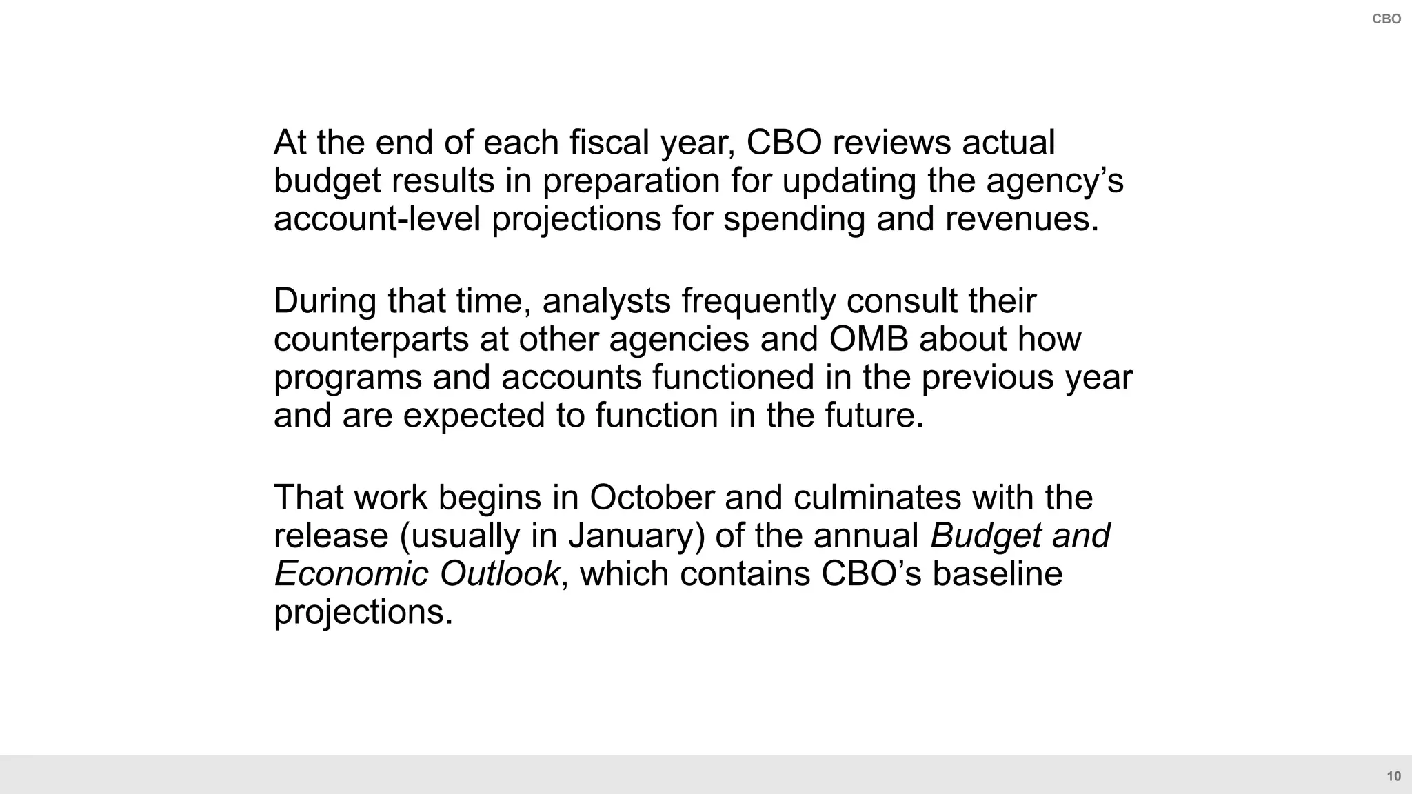 10
CBO
At the end of each fiscal year, CBO reviews actual
budget results in preparation for updating the agency’s
account-level projections for spending and revenues.
During that time, analysts frequently consult their
counterparts at other agencies and OMB about how
programs and accounts functioned in the previous year
and are expected to function in the future.
That work begins in October and culminates with the
release (usually in January) of the annual Budget and
Economic Outlook, which contains CBO’s baseline
projections.
 