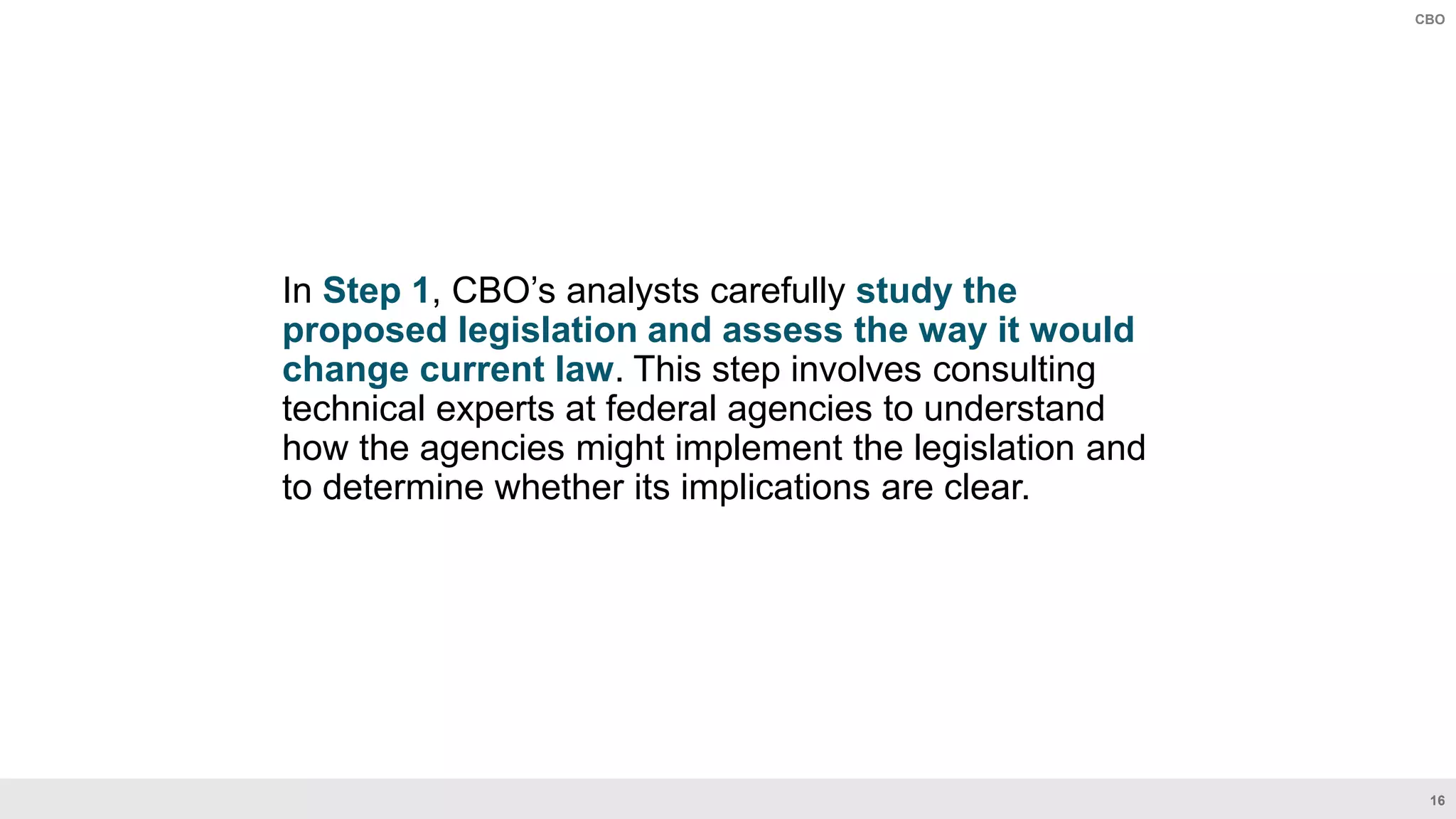 16
CBO
In Step 1, CBO’s analysts carefully study the
proposed legislation and assess the way it would
change current law. This step involves consulting
technical experts at federal agencies to understand
how the agencies might implement the legislation and
to determine whether its implications are clear.
 