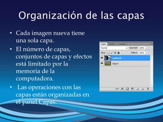 Organización de las capas
• Cada imagen nueva tiene
una sola capa.
• El número de capas,
conjuntos de capas y efectos
está limitado por la
memoria de la
computadora.
• Las operaciones con las
capas están organizadas en
el panel Capas.
 