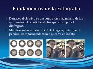 Fundamentos de la Fotografía
• Dentro del objetivo se encuentra un mecanismo de iris,
que controla la cantidad de luz que entra por el
diafragma.
• Mientras más cerrado está el diafragma, más crece la
porción de espacio enfocada que se ve en la foto
 