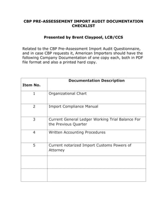 Customs Entry Audit Checklist Example CBP PRE-AUDIT ASSESSMENT QUESTIONNAIRE | PDF