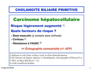 CHOLANGITE BILIAIRE PRIMITIVE
Carcinome hépatocellulaire
Risque légèrement augmenté 1)
Quels facteurs de risque ?
- Sexe masculin (y compris sans cirrhose)
- Cirrhose 2)
- Résistance à l'AUDC 3)
=> Échographie semestrielle (+/- AFP)
..................................................................................
1) Inférieur à celui d'une cirrhose virale ou d'une hémochromatose.
2) En l'absence de biopsie, dépister si: thrombopénie, élastrographie (Fibroscan*) >
17 kPa, ou Mayo Risk Score > 4,1.
3) Acide ursodésoxycholique
Claude EUGÈNE 41
 