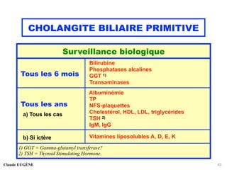 CHOLANGITE BILIAIRE PRIMITIVE
Claude EUGÈNE 43
Surveillance biologique
Tous les 6 mois
Bilirubine
Phosphatases alcalines
GGT 1)
Transaminases
Tous les ans
a) Tous les cas
Albuminémie
TP
NFS-plaquettes
Cholestérol, HDL, LDL, triglycérides
TSH 2)
IgM, IgG
b) Si ictère Vitamines liposolubles A, D, E, K
1) GGT = Gamma-glutamyl transferase?
2) TSH = Thyroid Stimulating Hormone.
 