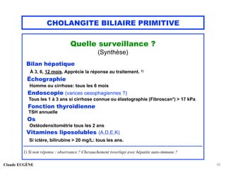 CHOLANGITE BILIAIRE PRIMITIVE
Quelle surveillance ?
(Synthèse)
Bilan hépatique
À 3, 6, 12 mois. Apprécie la réponse au traitement. 1)
Échographie
Homme ou cirrhose: tous les 6 mois
Endoscopie (varices oesophagiennes ?)
Tous les 1 à 3 ans si cirrhose connue ou élastographie (Fibroscan*) > 17 kPa
Fonction thyroïdienne
TSH annuelle
Os
Ostéodensitométrie tous les 2 ans
Vitamines liposolubles (A,D,E,K)
Si ictère, bilirubine > 20 mg/L: tous les ans.
.................................................................................................................................................
1) Si non réponse : observance ? Chevauchement (overlap) avec hépatite auto-immune ?
Claude EUGÈNE 45
 