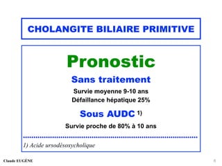 CHOLANGITE BILIAIRE PRIMITIVE
Pronostic
Sans traitement
Survie moyenne 9-10 ans
Défaillance hépatique 25%
Sous AUDC 1)
Survie proche de 80% à 10 ans
....................................................................................
1) Acide ursodésoxycholique
Claude EUGÈNE 6
 