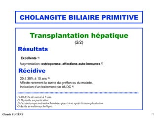 CHOLANGITE BILIAIRE PRIMITIVE
Transplantation hépatique
(2/2)
Résultats
Excellents 1)
Augmentation: ostéoporose, affections auto-immunes 2)
Récidive
20 à 30% à 10 ans 3)
Affecte rarement la survie du greffon ou du malade.
Indication d'un traitement par AUDC 4)
..................................................................................................
1) 80-85% de survie à 5 ans.
2) Thyroïde en particulier.
3) Les anticorps anti-mitochondries persistent après la transplantation.
4) Acide ursodésoxycholique.
Claude EUGÈNE 77
 
