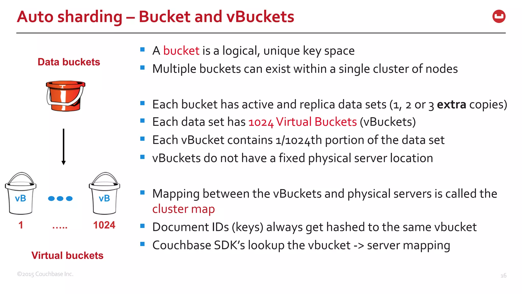 ©2015  Couchbase  Inc. 16 Auto  sharding  – Bucket  and  vBuckets   vB Data  buckets vB 1                    …..                  1024 Virtual  buckets § A  bucket is  a  logical,  unique  key  space § Multiple  buckets  can  exist  within  a  single  cluster  of  nodes § Each  bucket  has  active  and  replica  data  sets  (1,  2  or  3  extra copies) § Each  data  set  has  1024  Virtual  Buckets (vBuckets) § Each  vBucket  contains  1/1024th  portion  of  the  data  set § vBuckets  do  not  have  a  fixed  physical  server  location § Mapping  between  the  vBuckets  and  physical  servers  is  called  the   cluster  map § Document  IDs  (keys)  always  get  hashed  to  the  same  vbucket § Couchbase  SDK’s  lookup  the  vbucket -­‐>  server  mapping 