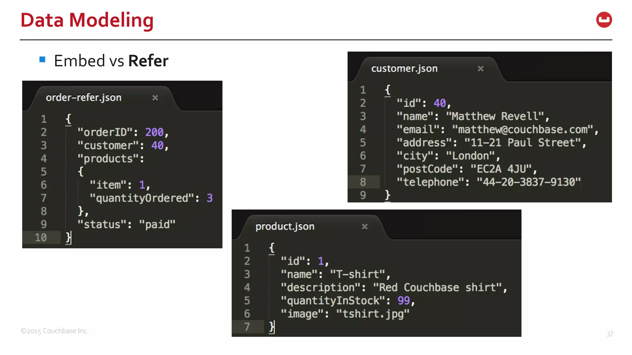 ©2015  Couchbase  Inc. 37 Data  Modeling § Embed  vs  Refer 