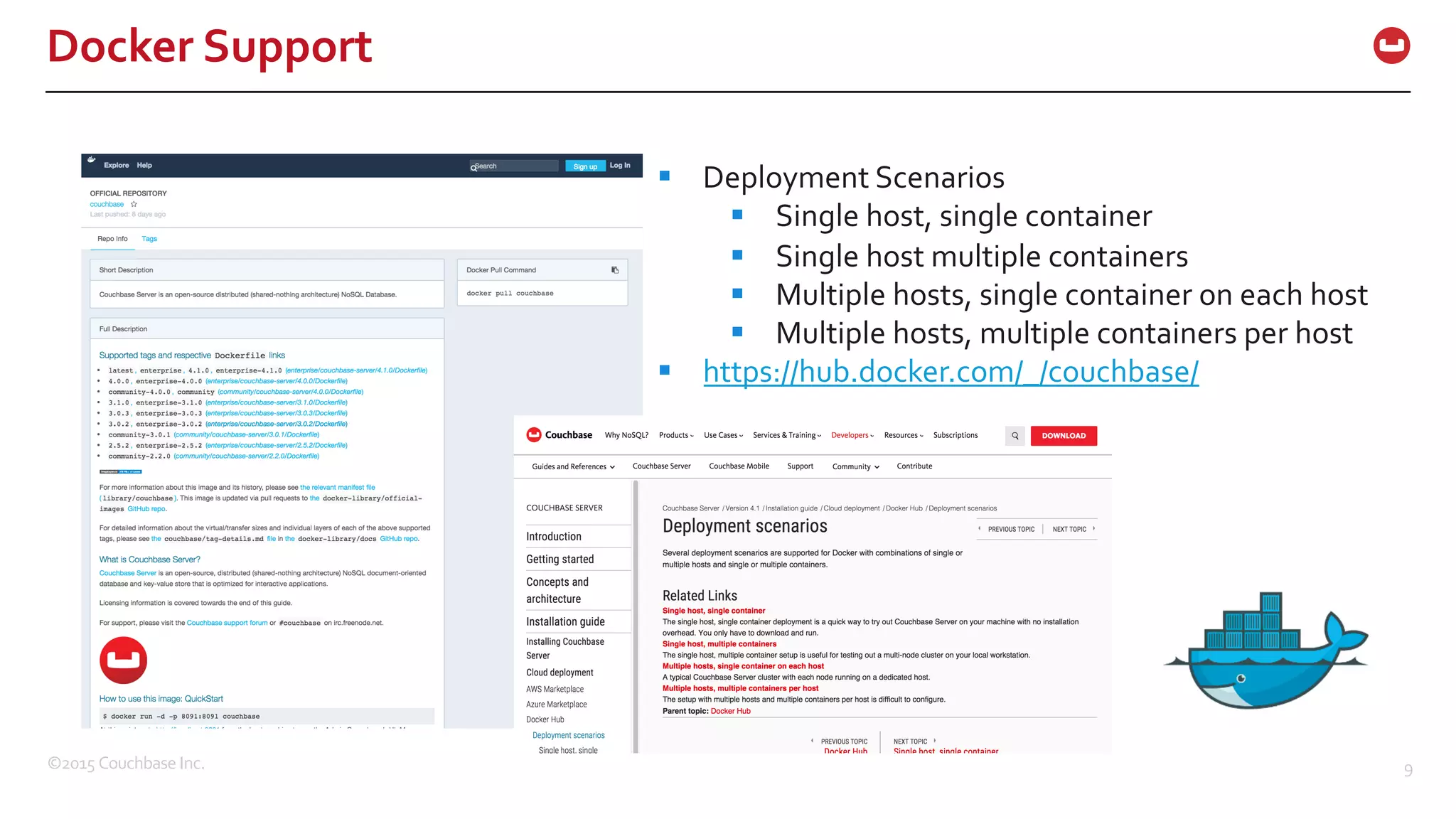 ©2015  Couchbase  Inc. 9 Docker  Support § Deployment  Scenarios § Single  host,  single  container § Single  host  multiple  containers § Multiple  hosts,  single  container  on  each  host § Multiple  hosts,  multiple  containers  per  host § https://hub.docker.com/_/couchbase/ 