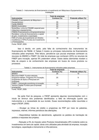 Tabela 2 – Instrumentos de financiamento a investimento em Máquinas e Equipamentos e
                                          Instalações

                                                    Total de empresas
Instrumentos                                          Conhece (%)           Pretende utilizar (%)
FINAME (Financiamento de Máquinas e
Equipamentos)                                              95                        67
Cartão BNDES                                               80                        49
BNDES Automático                                           80                        46
ModerMaq: Linha do FINAME especial para                    57                        38
máquinas e equipamentos
FINEM (Financiamento a Empreendimentos)                    33                        12
Revitaliza: Linha de financiamento a capital               27                        13
de giro, investimento e exportação
FIDC (Fundos de Investimento em Direitos                   18                         6
Creditórios) e FIPS (Fundos de Investimento
e Participações)
Fonte: FIESP, 2009.

        Isso é devido, em parte, pela falta de conhecimento dos instrumentos de
financiamento de P&D&I. A Tabela 3 mostra os principais instrumentos de financiamento
indicados pelas empresas. Pela leitura, percebe-se que poucas empresas conhecem os
recursos do BNDES e FINEP. Do total de empresas que conhecem (25%) os recursos da
FINEP para inovação, apenas 9% pretendem utilizar. Esses dados alarmantes revelam a
falta de preparo e de conhecimento das empresas em busca de novos produtos ou
processos.

                 Tabela 3 – Instrumentos de financiamento indicados pelas empresas
                                                   Total de empresas
Instrumentos                                         Conhece (%)            Pretende utilizar (%)
BNDES                                                      28                       16
Recursos FINEP: Fundos setoriais,
Programa Habitari, Programa Pró Inovação,                  25                        9
Programas de Apoio a Pesquisas em
Empresas
FINEP – Subvenção econômica à inovação                     19                        9
Venture Capital: Fundos para Empresas                      11                        3
emergentes
Fonte: FIESP, 2009.



        Na parte final da pesquisa, a FIESP apresenta algumas recomendações com o
intuito de diminuir dois problemas identificados: a falta de informação quanto aos
instrumentos e a necessidade de sua revisão. Essas recomendações estão resumidas a
seguir (FIESP, 2009):

       - Divulgar as linhas de crédito e programas da PDP por meio de palestras,
impressos, internet, informes periódicos das alterações;

       - Disponibilizar balcões de atendimento, agilizando os pedidos de tramitação de
pedidos e respostas dos projetos;

        - Redução a 0% do Imposto sobre Produtos Industrializados (IPI) incidente sobre os
investimentos em bens de capital, obras civis utilizadas pela atividade da empresa, inovação
tecnológica, capacitação e treinamento e infra-estrutura;

                                                4
 