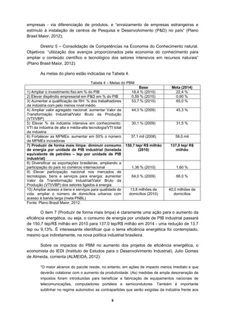 empresas - via diferenciação de produtos, e “enraizamento de empresas estrangeiras e
estímulo à instalação de centros de Pesquisa e Desenvolvimento (P&D) no país” (Plano
Brasil Maior, 2012);

       Diretriz 5 – Consolidação de Competências na Economia do Conhecimento natural.
Objetivos: “utilização dos avanços proporcionados pela economia do conhecimento para
ampliar o conteúdo científico e tecnológico dos setores intensivos em recursos naturais”
(Plano Brasil Maior, 2012).

        As metas do plano estão indicadas na Tabela 4.

                                       Tabela 4 – Metas do PBM
                                                                    Base             Meta (2014)
1) Ampliar o investimento fixo em % do PIB                      18,4 % (2010)          22,4 %
2) Elevar dispêndio empresarial em P&D em % do PIB              0,59 % (2010)          0,90 %
3) Aumentar a qualificação de RH: % dos trabalhadores           53,7 % (2010)          65,0 %
da indústria com pelo menos nível médio
4) Ampliar valor agregado nacional: aumentar Valor da           44,3 % (2009)           45,3 %
Transformação Industrial/Valor Bruto da Produção
(VTI/VBP)
5) Elevar % da indústria intensiva em conhecimento:             30,1 % (2009)           31,5 %
VTI da indústria de alta e média-alta tecnologia/VTI total
da indústria
6) Fortalecer as MPMEs: aumentar em 50% o número                37,1 mil (2008)        58,0 mil
de MPMEs inovadoras
7) Produzir de forma mais limpa: diminuir consumo            150,7 tep/ R$ milhão    137,0 tep/ R$
de energia por unidade de PIB industrial (tonelada                  (2010)              milhão
equivalente de petróleo – tep por unidade de PIB
industrial)
8) Diversificar as exportações brasileiras, ampliando a
participação do país no comércio internacional                  1,36 % (2010)           1,60 %
9) Elevar participação nacional nos mercados de
tecnologias, bens e serviços para energia: aumentar             64,0 % (2009)           66,0 %
Valor da Transformação Industrial/Valor Bruto da
Produção (VTI/VBP) dos setores ligados à energia
10) Ampliar acesso a bens e serviços para qualidade de         13,8 milhões de      40,0 milhões de
vida: ampliar o número de domicílios urbanos com               domicílios (2010)       domicílios
acesso à banda larga (meta PNBL)
Fonte: Plano Brasil Maior, 2012.

        O item 7 (Produzir de forma mais limpa) é claramente uma ação para o aumento da
eficiência energética, ou seja, o consumo de energia por unidade de PIB industrial passará
de 150,7 tep/R$ milhão em 2010 para 137,0 tep/R$ milhão em 2014 - uma redução de 13,7
tep ou 9,13%. É interessante identificar que o tema eficiência energética foi contemplado,
mesmo que indiretamente, na nova política industrial brasileira.

      Sobre os impactos do PBM no aumento dos projetos de eficiência energética, o
economista do IEDI (Instituto de Estudos para o Desenvolvimento Industrial), Julio Gomes
de Almeida, comenta (ALMEIDA, 2012):

        “O maior alcance do pacote reside, no entanto, em ações de impacto menos imediato e que
        deverão colaborar com o aumento da produtividade. (As) medidas de ampla desoneração de
        impostos foram introduzidas para beneficiar a fabricação de equipamentos nacionais de
        telecomunicações, computadores portáteis e semicondutores. Também é importante
        sublinhar no regime automotivo as contrapartidas que serão exigidas da indústria frente aos

                                                    9
 