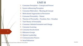 UNIT-II
1. Consumer Perception – Concept and Process
2. Factors influencing Perception
3. Consumer Motivation – Meaning & Concept
4. Motivational Approaches to Persuasion
5. Consumer Personality – Nature
6. Theories of Personality – Freudian, Neo – Freudian
7. Trait Theory of Personality
8. Consumer Attitude Formation and Change
9. Consumer Learning
10. Consumer Involvement
11. Reference Groups
12. Opinion Leadership
13. Communication Process
14. Social Influences
9/22/2018
By: Dr. Sandeep Solanki, Associate Professor, RNB Global University, Bikaner
1
 