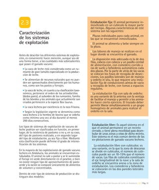 Estabulación fija: El animal permanece in-
                                                            movilizado en un cubículo la mayor parte
                                                            del tiempo. Algunas características de este
                                                            sistema son las siguientes:
Caracterización
                                                              Plazas individuales para cada animal, en
de los sistemas                                             las que se encuentran inmovilizados.
de explotación                                                El animal se alimenta y bebe siempre en
                                                            la plaza.
                                                              Las labores de manejo se realizan en el
Antes de describir los diferentes sistemas de explota-      lugar donde se encuentra el ganado.
ción, es conveniente hacer mención, aunque sea de             La disposición más adecuada es la de dos
una forma breve, a las cualidades más sobresalientes        filas, cabeza con cabeza y un pasillo central
que posee el ganado vacuno:                                 de alimentación, con comedero corrido a
     La vaca de leche está considerada como un ru-          ras de suelo y bebederos automáticos cada
   miante de gran tamaño especializado en la produc-        dos plazas. Por la parte de atrás de las vacas
   ción de leche.                                           se colocan los fosos de recogida de deyec-
                                                            ciones. Los pasillos laterales son de manejo
    Se alimentan de recursos naturales que no pue-          y ordeño in situ, lo que requiere una insta-
   den ser aprovechados directamente por los huma-          lación fija de conducciones aéreas de vacío
   nos, como son los pastos y forrajes.                     y recogida de leche, con tomas a espacios
                                                            regulares.
     La vaca de leche, en cuanto a su clasificación taxo-
   nómica, pertenece al orden de los artiodáctilos            La estabulación fija con sala de ordeño:
   (dedos pares), al suborden de los rumiantes, familia     es una variante de la anterior, con la ventaja
   de los bóvidos y los animales que actualmente son        de facilitar el manejo y permitir a los anima-
   criados pertenecen a la especie Bos taurus.              les hacer cierto ejercicio. El trazado deber
                                                            permitir liberar simultáneamente a un grupo
     La vaca lechera por excelencia es la raza Frisona.     homogéneo de animales para realizar el
    Según la legislación vigente se denomina como           ordeño en la sala.
   vaca lechera a la hembra de bovino que se ordeña
   como mínimo una vez al día durante al menos
   200 días consecutivos.
                                                             Estabulación libre: Es aquel sistema en el
Los tipos de sistemas de explotación de vacuno de            que el animal permanece en un recinto
leche podrían ser clasificados en función, en primer         cerrado, y tiene plena movilidad para deam-
lugar, de la existencia de pastoreo o no y, en su caso,      bular de unas zonas a otras de dicho recinto.
del tipo de pastoreo realizado, y en segundo lugar           Este sistema es el más común dentro de las
del tipo de estabulación, ya sea fija o libre. Mediante      ex-plotaciones de ganado vacuno lechero.
esta clasificación puede definirse el grado de intensi-
ficación de los sistemas.                                      La estabulación libre con cubículos: es
                                                             una variante, en la que la zona de descanso
En la mayoría de las explotaciones de ganado vacuno          se divide en cubículos, el número de cubí-
lechero en Andalucía, los animales se encuentran es-         culos puede ser un 10-15% que el número
tabulados. El animal no sale a pastar y se le suministra     de vacas. Las filas de cubículos constituyen
el forraje en verde directamente en el pesebre, o bien       el eje longitudinal de la nave y la sala de
no existe ningún tipo de aprovechamiento de pasto            ordeño se encuentra anexa a la zona de
verde y la ración se compone únicamente de alimentos         estabulación. Los comederos y bebederos
de volumen y concentrados.                                   se colocarán en las dos paredes laterales
                                                             más largas.
Dentro de este tipo de sistemas de producción se dis-
tinguen dos modelos:

                                                                   Situación del Vacuno de Leche en Andalucía 02 | Pág. 11
 