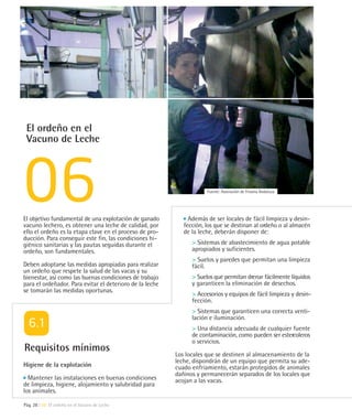 El ordeño en el
 Vacuno de Leche



                                                                      Fuente: Asociación de Frisona Andaluza




El objetivo fundamental de una explotación de ganado           Además de ser locales de fácil limpieza y desin-
vacuno lechero, es obtener una leche de calidad, por         fección, los que se destinan al ordeño o al almacén
ello el ordeño es la etapa clave en el proceso de pro-       de la leche, deberán disponer de:
ducción. Para conseguir este fin, las condiciones hi-
giénico sanitarias y las pautas seguidas durante el             > Sistemas de abastecimiento de agua potable
ordeño, son fundamentales.                                      apropiados y suficientes.
                                                                > Suelos y paredes que permitan una limpieza
Deben adoptarse las medidas apropiadas para realizar            fácil.
un ordeño que respete la salud de las vacas y su
bienestar, así como las buenas condiciones de trabajo           > Suelos que permitan drenar fácilmente líquidos
para el ordeñador. Para evitar el deterioro de la leche         y garanticen la eliminación de desechos.
se tomarán las medidas oportunas.
                                                                > Accesorios y equipos de fácil limpieza y desin-
                                                                fección.
                                                                > Sistemas que garanticen una correcta venti-
                                                                lación e iluminación.
                                                                > Una distancia adecuada de cualquier fuente
                                                                de contaminación, como pueden ser estercoleros
                                                                o servicios.
Requisitos mínimos
                                                          Los locales que se destinen al almacenamiento de la
                                                          leche, dispondrán de un equipo que permita su ade-
Higiene de la explotación                                 cuado enfriamiento, estarán protegidos de animales
                                                          dañinos y permanecerán separados de los locales que
  Mantener las instalaciones en buenas condiciones        acojan a las vacas.
de limpieza, higiene, alojamiento y salubridad para
los animales.

Pág. 28 | 06 El ordeño en el Vacuno de Leche
 