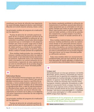 constituyen una fuente de infección muy importante.                        los mismos, quedando prohibida la utilización de
Las vacas infectadas, después de abortar o parir, eliminan                 tratamientos y la profilaxis vacunal salvo determi-
Brucella con la leche durante semanas, meses o años.                       nadas excepciones que se contemplan en este pro-
                                                                           grama. Siempre que exista un grave riesgo para la
Las principales medidas del programa de erradicación                       salud, repercusiones para la salud pública u otra
son las siguientes:                                                        razón de índole sanitaria, a criterio de las autorida-
                                                                           des competentes, se podrá ampliar el sacrificio,
      Pruebas de detección de animales positivos (a                        procediendo a realizar el vaciado sanitario de la
    partir de los 12 meses) y posterior sacrificio de los                  explotación.
    mismos, quedando prohibida la utilización de tra-
    tamientos y la profilaxis vacunal salvo determinadas                     Otras medidas implementadas, han consistido en
    excepciones que se contemplan en este programa.                        instaurar medidas profilácticas sobre las explota-
    Siempre que exista un grave riesgo para la salud,                      ciones donde se han detectado bovinos reaccio-
    repercusiones para la salud pública u otra razón                       nantes positivos, implicando tanto a las instalacio-
    de índole sanitaria, a criterio de las autoridades                     nes como a los pastos y un control exhaustivo de
    competentes, se podrá ampliar el sacrificio, proce-                    los movimientos y reposición de estas explotaciones,
    diendo a realizar el vaciado sanitario de la explotación.              así como la intensificación de las pruebas diagnós-
                                                                           ticas para elevar con la mayor brevedad posible
      Otras medidas implementadas, han consistido en                       su calificación sanitaria.
    instaurar medidas profilácticas sobre las explota-
    ciones donde se han detectado bovinos reaccionan-                        Todas estas medidas deben ser necesariamente
    tes positivos, implicando tanto a las instalaciones                    complementadas, para que sean efectivas, por prác-
    como a los pastos y un control exhaustivo de los                       ticas adecuadas de manejo aplicables a la prevención
    movimientos y reposición de estas explotaciones,                       y el control de otras enfermedades infecto-contagiosas.
    así como la intensificación de las pruebas diagnós-
    ticas para elevar con la mayor brevedad posible
    su calificación sanitaria.

                                                                        Lengua azul
                                                                        Está producida por un virus que pertenece a la familia
                                                                        Reoviridae, género orbivirus, transmitido por insectos.
Tuberculosis Bovina                                                     Se caracteriza por la aparición de congestión, edema
Es una enfermedad infectocontagiosa que afecta al                       y hemorragias en el animal afectado. Los signos clínicos
ganado produciendo un cuadro crónico, que genera                        pueden no aparecer hasta 60-80 días después de la
pérdidas económicas por muerte o sacrificio de los                      infección, siendo los síntomas más comunes fiebre,
animales, y menor productividad y valoración de la                      leucopenia, miositis y salivación. Actualmente es obli-
leche. El principal agente etiológico de la tuberculosis                gatoria la vacunación frente a Lengua Azul de los
es Mycobacterium bovis, y cada vez más frecuentemen-                    animales de las especies ovina y bovina mayores de
te Mycobacterium caprae, que afecta tanto a las ca-                     tres meses incluidos dentro de las zonas restringidas:
bras como a los bovinos. Las vías de infección más                      Serotipo 1 del virus en zona restringida S-1, y Serotipos
importantes en el bovino son la aérea y la vía digestiva.               1 y 4 en zona restringida S-1-4 (Ver anexos Orden
Con menor importancia se describen las vías congénita,                  MAPA Lengua Azul vigente).
genital y cutánea.
                                                                        El cumplimiento de los programas de saneamiento
Las principales medidas del programa de erradicación                    es obligatorio para poder percibir las ayudas econó-
son las siguientes:                                                     micas de la PAC (Prima Ovino-Caprino).
     Pruebas de detección de animales positivos (a
                                                                            Fuente: Legislación Vigente.
    partir de las 6 semanas) y posterior sacrificio de
Pág. 40 | 08 Sanidad. Normas de bioseguridad y condiciones higiénicas
 