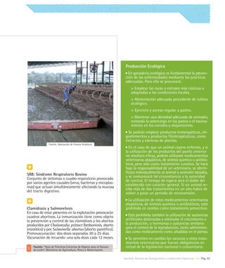 Producción Ecológica
                                                                        En ganadería ecológica es fundamental la preven-
                                                                      ción de las enfermedades mediante las prácticas
                                                                      adecuadas. Para ello se procurará:
                                                                          > Emplear las razas o estirpes más rústicas o
                                                                          adaptadas a las condiciones locales.
                                                                          > Alimentación adecuada procedente de cultivo
                                                                          ecológico.
                                                                          > Ejercicio y acceso regular a pastos.
                                                                          > Mantener una densidad adecuada de animales,
                                                                          evitando la sobrecarga en los pastos o el hacina-
                                                                          miento en los corrales y alojamientos.
                                                                       Se podrán emplear productos homeopáticos, oli-
                                                                      goelementos y productos fitoterapéuticos, como
                                                                      extractos y esencias de plantas.
                Fuente: Asociación de Frisona Andaluza
                                                                        En el caso de que un animal cayera enfermo, y si
                                                                      la utilización de los productos del punto anterior
                                                                      no resultara eficaz, podrán utilizarse medicamentos
                                                                      veterinarios alopáticos, de síntesis química o antibió-
                                                                      ticos, pero sólo como tratamiento curativo. Se hará
                                                                      bajo la responsabilidad de un veterinario, se identi-
                                                                      ficará individualmente al animal o animales tratados,
SRB: Síndrome Respiratorio Bovino                                     y se comunicará tal circunstancia a la autoridad
Conjunto de síntomas o cuadro respiratorio provocado                  de control. El tiempo de espera será el doble del
por varios agentes causales (virus, bacterias y micoplas-             establecido con carácter general. Si un animal re-
mas) que actuan simultáneamente afectando la mucosa                   cibe más de dos tratamientos en un año habrá de
del tracto digestivo.                                                 volver a pasar un periodo de reconversión.
                                                                        La utilización de estos medicamentos veterinarios
                                                                      alopáticos, de síntesis química o antibióticos, está
Clamidiasis y Salmonelosis                                            prohibida en cambio como tratamiento preventivo.
En caso de estar presentes en la explotación provocarán
cuadros abortivos. La inmunización tiene como objeto                    Está prohibida también la utilización de sustancias
la prevención y control de las clamidiosis y los abortos              artificiales destinadas a estimular el crecimiento o
producidos por Chalamydia psittact (bedsoniosis, aborto               la producción, u hormonas o sustancias similares
enzoótico) y por Salmonella abortus (aborto paratífico).              para el control de la reproducción, tanto administra-
Primovacunación: dos dosis separadas 20 a 25 días.                    das como medicamento como añadidas en el pienso.
Vacunación de recuerdo: una sola dosis cada 12 meses.                   Se permiten en cambio las vacunas y otros trata-
                                                                      mientos veterinarios que fueran obligatorios en
    Fuente: "Guía de Prácticas Correctas de Higiene para el Vacuno    virtud de la legislación nacional o comunitaria.
    de Leche”. Ministerio de Agricultura, Pesca y Alimentación.

                                                                     Sanidad. Normas de bioseguridad y condiciones higiénicas 08 | Pág. 43
 