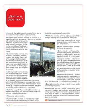 ¿Qué no se
   debe hacer?



 Limitar la libertad de movimientos, de forma que se                indebidas para su cuidado y atención.
cause sufrimiento o daño innecesariamente.
                                                                     Mutilar los animales con fines estéticos o sin utilidad
  Mantener a los animales alojados en edificios en la               excepto si son prácticas veterinarias necesarias.
oscuridad de forma permanente. Exponer a los animales
a la luz artificial sin interrupción                                                       Sacrificar los animales sin reunir
adecuada. Si la luz natural dispo-                                                       las garantías necesarias establecidas
nible es insuficiente para satisfa-                                                      por la legislación.
cer las necesidades fisiológicas y                                                        Atar o encadenar a los animales
etológicas de los animales, se fa-                                                       de forma permanente.
cilitará iluminación artificial ade-
cuada.                                                                                     Donar animales con fines publici-
                                                                                         tarios o como premio, recompensa
  Suministrar a los animales otra                                                        o regalo por adquisiciones de natura-
sustancia distinta del alimento,                                                         leza distintas a la de los animales.
excepto que tengan fines tera-
péuticos o profilácticos o para                                                            Vender los animales a personas me-
tratamiento zootécnico, a no ser                                                         nores de dieciséis años y a incapacita-
que los estudios científicos o la                                                        dos sin la debida autorización por parte
experiencia adquirida demuestren                                                         de la persona que tenga la patria po-
que la sustancia no resulta perju-                                                       testad, custodia o tutela de los mismos.
dicial para la salud o el bienestar
del animal.                                                                                La venta ambulante de los anima-
                                                                                         les fuera de los mercados o ferias
  Utilizar procedimientos de cría                                                        autorizadas.
que ocasionen o puedan ocasio-
nar sufrimientos o heridas a cual-                                                               Administrar sustancias a los ani-
quiera de los animales. Aunque            Fuente: GDR Litoral de la Janda – Innogan            males que puedan causarles sufri-
no se excluye que puedan emplearse                                                             miento o daños innecesarios u otras
determinados procedimientos que puedan causar                                                  sustancias no autorizadas, aunque
sufrimiento o heridas de poca importancia o momen-                    sean para aumentar el rendimiento en competición.
táneos, o que puedan requerir intervención sin proba-                   Dejar a los animales en lugares donde no sea posible
bilidad de causar un daño duradero siempre que estén                  su control y vigilancia.
permitidos por las disposiciones nacionales.
                                                                        Administrar, inocular o aplicar fármacos sin contar
  Maltratar o agredir físicamente a los animales o so-                con la prescripción o supervisión del veterinario. Sumi-
meterlos a cualquier otra práctica que les cause sufri-               nistrar o aplicar los medicamentos de forma errónea
mientos o daños injustificados.                                       o no tener en cuenta los efectos colaterales o inde-
  Abandonar a los animales.                                           seados que supongan un sufrimiento injustificable
                                                                      para los animales.
  Mantener a los animales en instalaciones inade-
cuadas respecto a aspectos higiénico-sanitarios o                            Fuente: Legislación Vigente.



Pág. 48 | 09 Protección y bienestar animal
 