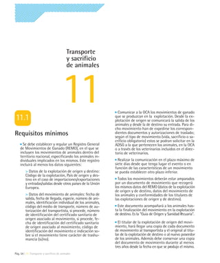 Transporte
                                            y sacrificio
                                            de animales




                                                               Comunicar a la OCA los movimientos de ganado
                                                             que se produzcan en la explotación. Desde la ex-
                                                             plotación de origen se comunicará la salida de los
                                                             animales y desde la de destino su entrada. Para di-
                                                             cho movimiento han de expedirse los correspon-
Requisitos mínimos                                           dientes documentos y autorizaciones de traslado;
                                                             según el tipo de movimiento (vida, sacrificio o sa-
                                                             crificio obligatorio) estos se podran solicitar en la
      Se debe establecer y regular un Registro General       ADSG a la que pertenecen los animales, en la OCA
    de Movimientos de Ganado (REMO), en el que se            o a través de los veterinarios incluidos en el direc-
    incluyen los movimientos de animales dentro del          torio de veterinarios.
    territorio nacional, especificando los animales in-
    dividuales implicados en los mismos. Este registro         Realizar la comunicación en el plazo máximo de
    incluirá al menos los datos siguientes:                  siete días desde que tenga lugar el evento o en
                                                             función de las características de un movimiento
         > Datos de la explotación de origen y destino:      se pueda establecer otro plazo inferior.
         Código de la explotación, País de origen y des-
         tino en el caso de importaciones/exportaciones        Todos los movimientos deberán estar amparados
         y entradas/salidas desde otros países de la Unión   por un documento de movimiento que recogerá
         Europea.                                            los mismos datos del REMO (datos de la explotación
                                                             de origen y de destino, datos del movimiento de
         > Datos del movimiento de animales: fecha de        los animales y conformidades de los titulares de
         salida, fecha de llegada, especie, número de ani-   las explotaciones de origen y de destino).
         males, identificación individual de los animales,
         código del medio de transporte, número de au-         Este documento acompañará a los animales has-
         torización del transportista, si procede, número    ta la finalización del movimiento en la explotación
         de identificación del certificado sanitario de      de destino. Es la "Guia de Origen y Sanidad Pecuaria".
         origen asociado al movimiento, si procede, fe-
         cha de identificación del certificado sanitario       El titular de la explotación de origen del movi-
         de origen asociado al movimiento, código de         miento, hará llegar una copia de cada documento
         identificación del movimiento e indicación so-      de movimiento al transportista y el original al titu-
         bre si el movimiento tiene carácter de trashu-      lar de la explotación de destino o al nuevo poseedor
         mancia (si/no).                                     de los animales. Además debe conservar una copia
                                                             del documento de movimiento durante al menos
                                                             tres años desde la fecha en que se produjo el mismo.
Pág. 54 | 11 Transporte y sacrificio de animales
 
