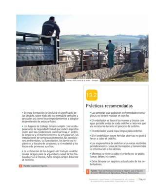 Fuente: GDR Litoral de la Janda – Innogan




                                                                  Prácticas recomendadas
  En esta formación se incluirá el significado de                      Las personas que padezcan enfermedades conta-
las señales, sobre todo de los mensajes verbales y                    giosas no deben realizar el ordeño.
gestuales así como los comportamientos a adoptar
dependiendo de estas señales.                                           El ordeñador se lavará las manos y brazos con
                                                                      agua potable antes de cada ordeño y cada vez que
  Los lugares de trabajo deben cumplir con las dis-                   sea necesario durante el proceso de ordeño.
posiciones de seguridad y salud que cubren aspectos
como son las condiciones constructivas, el orden,                        El ordeñador usará ropa limpia para ordeñar.
la limpieza y el mantenimiento, la señalización, las                    Si el ordeñador posee heridas abiertas no podrá
instalaciones de servicio o protección, las condicio-                 llevar a cabo el ordeño.
nes ambientales, la iluminación, los servicios hi-
giénicos y locales de descanso, y el material y los                     Los responsables de ordeñar a las vacas recibirán
locales de primeros auxilios.                                         periódicamente cursos de formación y transmitirán
                                                                      la información a los demás.
  La utilización de los lugares de trabajo no debe
causar riesgos para la seguridad y salud de los tra-                    Mientras se lleve a cabo el ordeño no se podrá
bajadores o al menos, estos riesgos deben reducirse                   fumar, beber, ni comer.
al mínimo.
                                                                       Debe llevarse un registro actualizado de los or-
 Fuente: Legislación Vigente.
                                                                      deñadores.

                                                                        Fuente: "Guía de Prácticas Correctas de Higiene para el Vacuno
                                                                        de Leche”. Ministerio de Agricultura, Pesca y Alimentación.


                                                                      Formación, capacitación e información de los titulares 13 | Pág. 61
                                                                       de explotación y asalariados. Seguridad en el trabajo
 